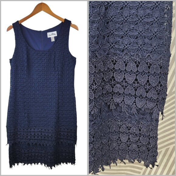 Joseph Ribkoff Dress 12 Lace Shift Special Event Party Navy Blue Knee Length - Picture 1 of 8